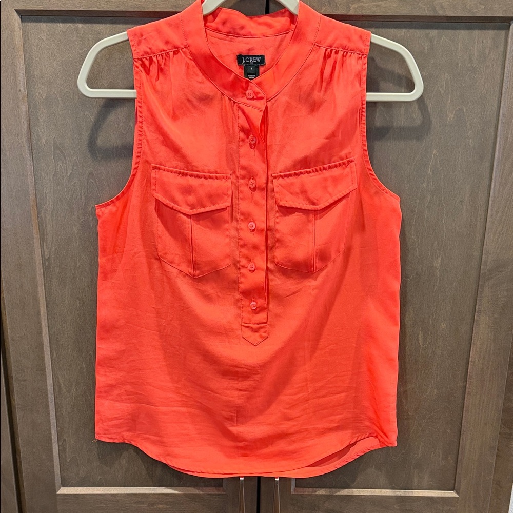 J. Crew Sleeveless Utility Blouse Orange Mandarin Collar Popover Size Small